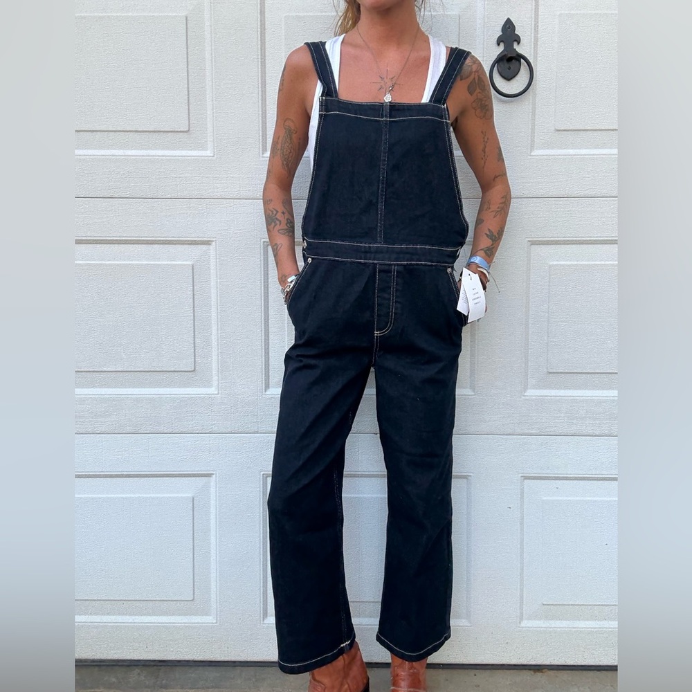 NWT Free Assembly Dark Blue Jean Straight Leg Overalls Sz XS